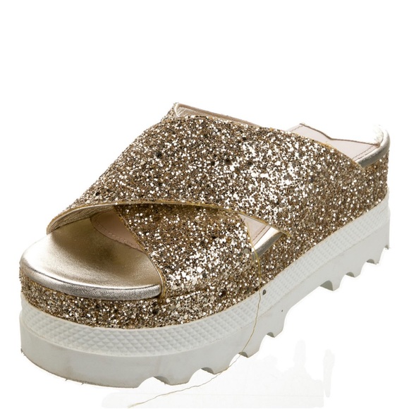 Miu Miu Sparkle Glitter Platforms in Gold Espadrilles - Picture 2 of 4